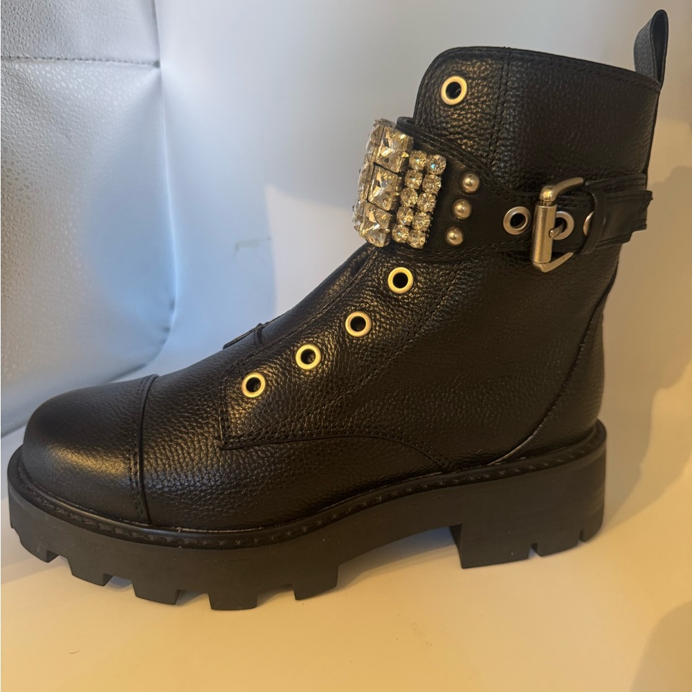 Karl Lagerfeld Black Leather Ankle Boots with Embellished Strap Size 5